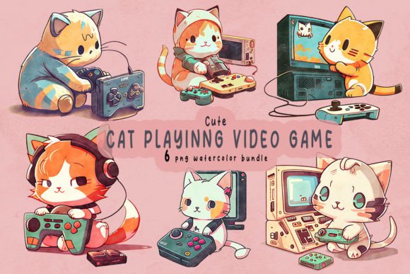 Cute Chibi Cat Playing Video Game Graphics for Illustrations