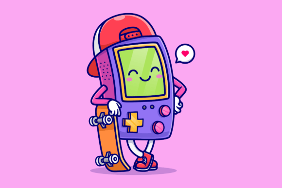 Cute Game Controller with Skateboard Graphics & Illustrations