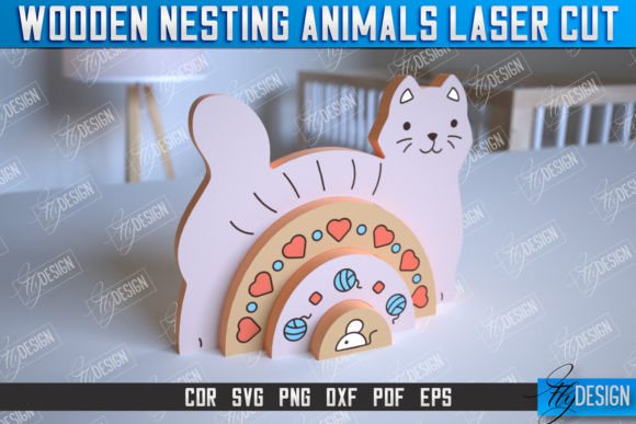 Wooden Nesting Cat Rainbow: Laser Cutting Toys Amp